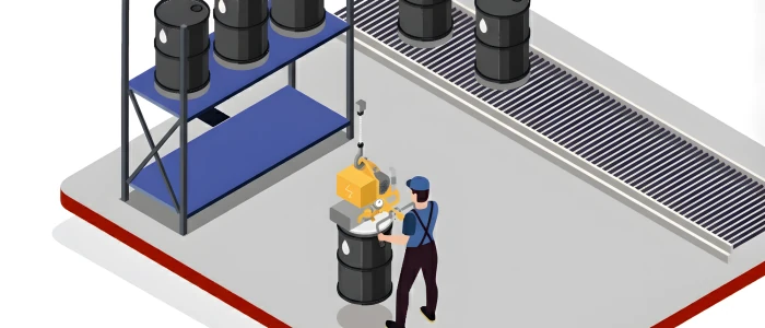 Ilustración de manejo seguro de tambores con equipos Fezer en bodega