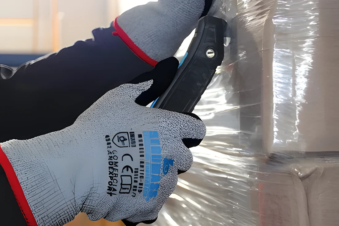 Mano con guante anticorte cortando film stretch con cuchillo de seguridad